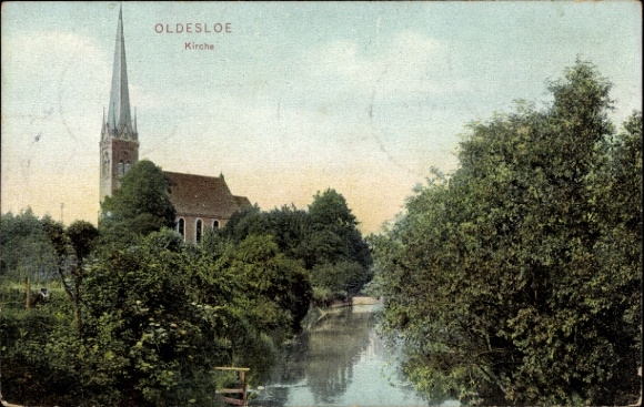 Postcard Bad Oldesloe in Holstein, church, river, trees, beautiful landscape