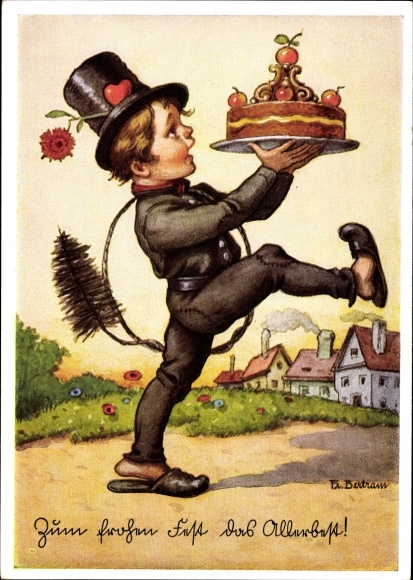 Artist PC Bertram, congratulations on birthday, chimney sweep with cake