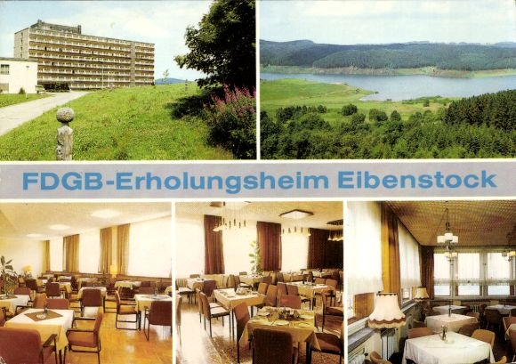 Postcard Eibenstock in the Ore Mountains of Saxony, FDGB recreation home, landscape, dining room