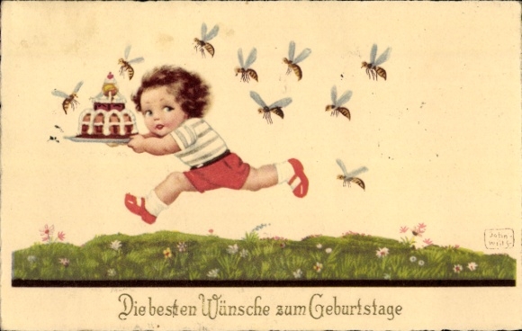 Artist Postcard Wills, John, Happy Birthday, Child with Cake, Swarm of Wasps