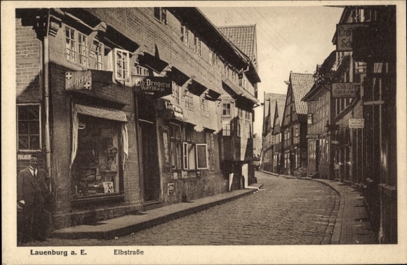 Ansichtkaart Lauenburg an der Elbe, Elbstrasse, winkels, drogisterij