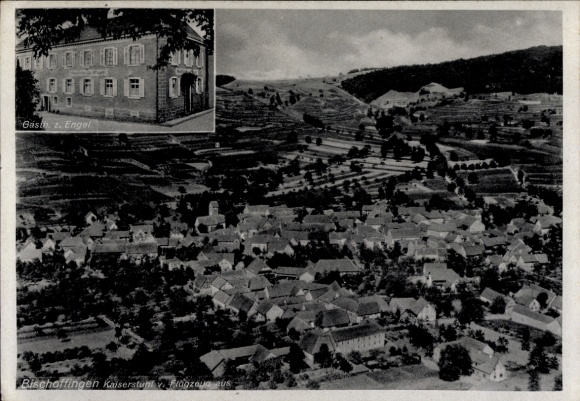 Postcard Bischoffingen Vogtsburg im Kaiserstuhl, aerial view, Gasthaus z. Engel, vineyards, houses