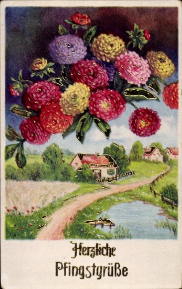 Glitter artist PC congratulations Pentecost, village motif