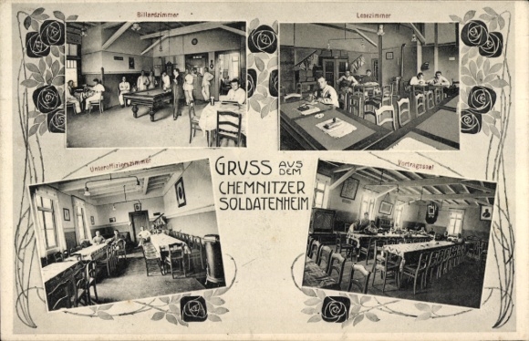 Postcard Chemnitz in Saxony, soldiers' home, billiard room, reading room, non-commissioned officer's room