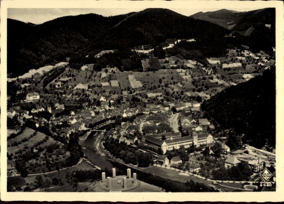 Postcard Wolfach in the Black Forest, aerial view of Wolfach, river, mountains, idyllic landscape