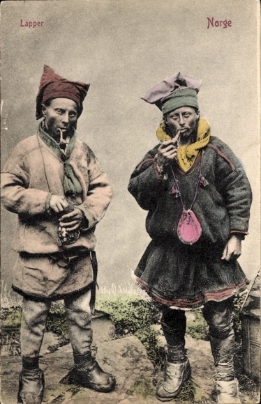 Postcard Lappland Norway, two men in traditional costume with pipes, colored