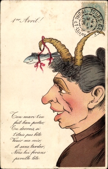 Chromo-Litho April 1, Ier Avril, woman with devil horns, fish