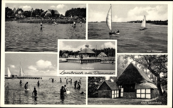 Ak Lembruch in Nedersaksen, oude boerderij, strand, Am Dümmer, zeilboten, botenhuis
