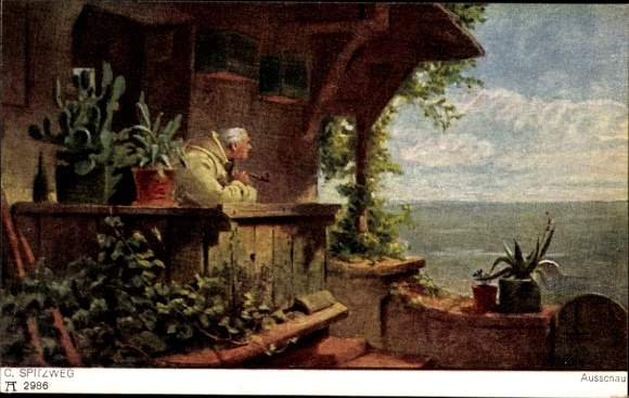 Artist Postcard Spitzweg, C., Lookout, Man with Pipe, Terrace