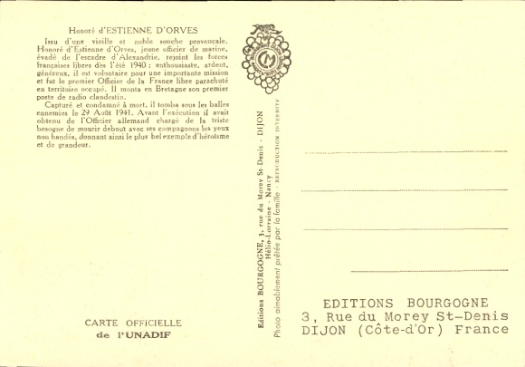 Maximum Postcard Honoré by Estienne d'Orves, Resistance, Premier Day 1957