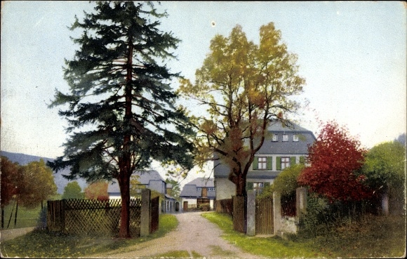 Ak Rehefeld Zaunhaus Altenberg im Erzgebirge, Eingang zum Heim Jägerhof, Nenke und Ostermaier