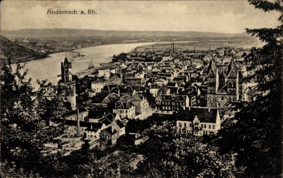 Postcard Andernach am Rhein, city view of Andernach am Rhein with Rhine, ships, church towers and...
