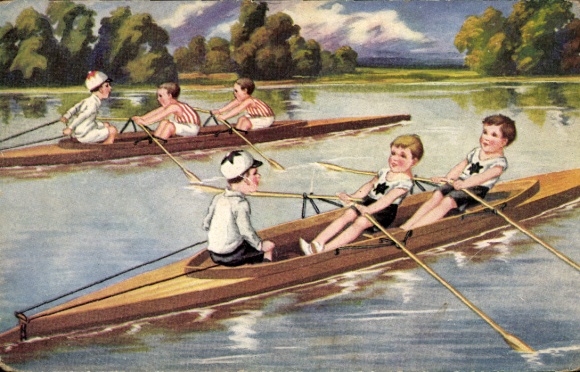 Postcard children rowing, rowing boats