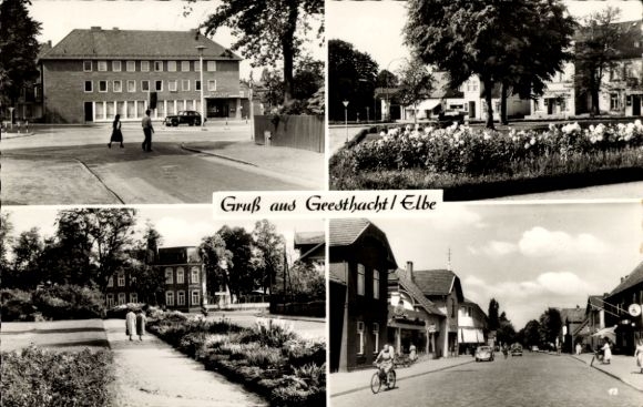 Postcard Geesthacht in the Duchy of Lauenburg, town hall, park, flowers, street scene, bicycle