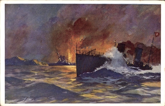 KP artystyczna Heusser, Harry, HMS Goliath, torpedujący u wybrzeży Dardaneli, Turk. Łódź torpedowa
