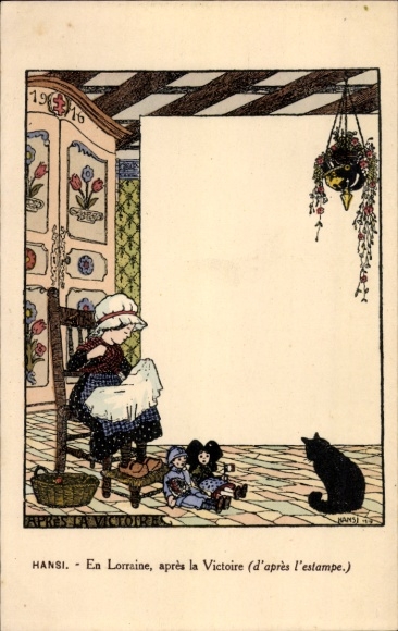 Artist PC Hansi, Jean Jacques Waltz, Lorraine, En Lorraine, après la Victoire, girl, cat