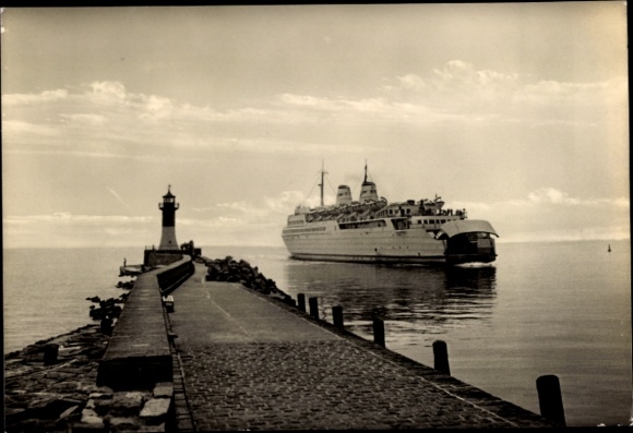 Postcard ferry MS Sassnitz at the exit, signal tower