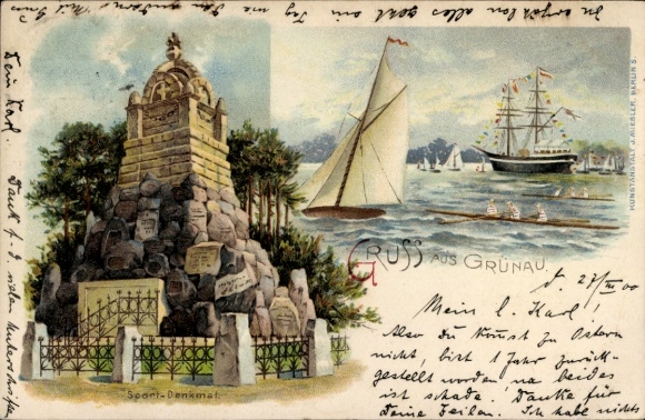 Litho Berlin Grünau, Sport-Denkmal, Segelboot, Ruderboote