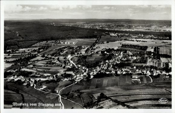 Postcard Musberg Leinfelden Echterdingen on the Fildern, aerial view of charming landscape, agricultural