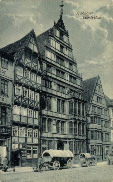 Ak Hannover in Niedersachsen, Bismarckdenkmal, Leibniz-Haus,  Gebäude, Straßenansicht, Pferdefuhr
