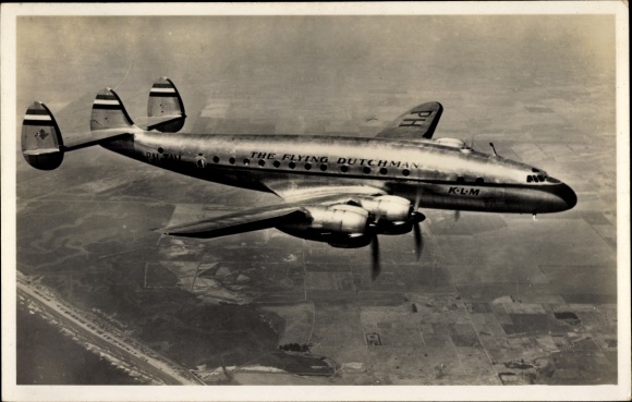 Postcard Dutch passenger plane, The Flying Dutchman, KLM, Lockheed constellation