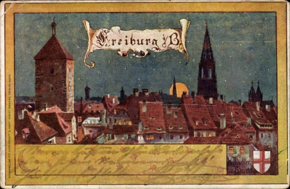 Künstler Ak Dischler, H., Freiburg im Breisgau, Stadt bei Nacht