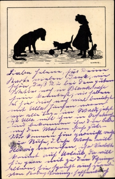 Paper cut artists Postcard Carus, dog and cat, girl with doll, ball of wool