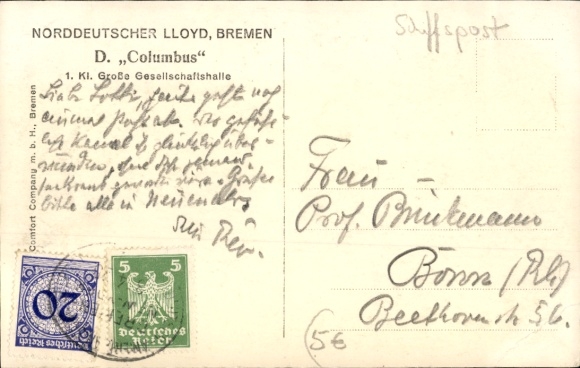 Postcard Norddeutscher Lloyd Bremen, D. Columbus, 1st Class Great Social Hall