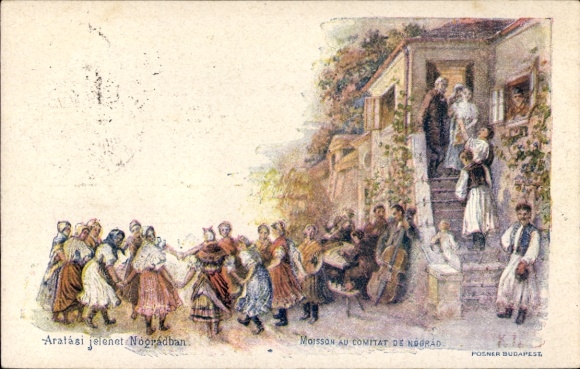 Ganzsachen Künstler Litho Balassagyarmat Nógrád Ungarn, Aratasi jelenet Nogradban, Fest, Instrumente