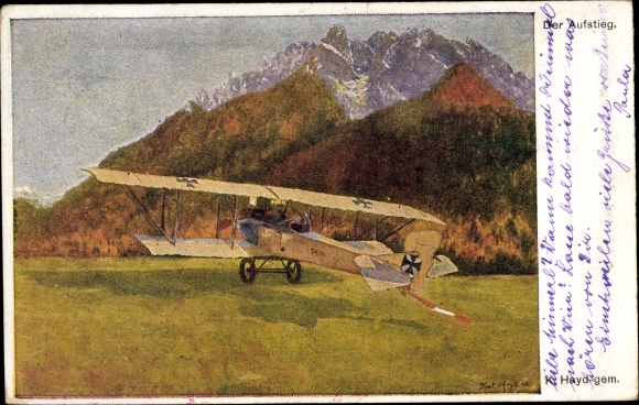 Artist Postcard Hayd, K., Austrian military aircraft, reconnaissance aircraft, the rise
