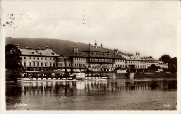 Postcard Dresden Pillnitz Elbe, castle, total, salon steamer