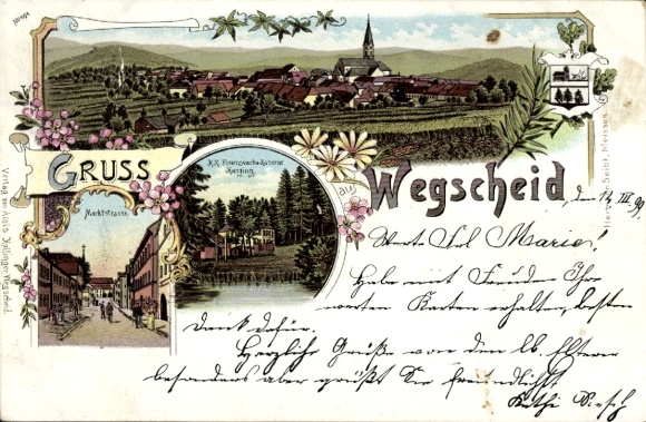 Litho Wegscheid in Niederbayern, Panorama, Marktstraße, Finanzwache Kaserne Hangung
