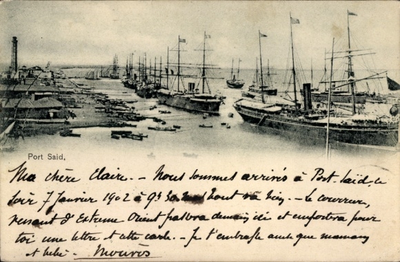 Postcard Port Said Egypt, harbor, steamer, lighthouse