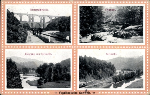 Passepartout Postcard Steinicht Pöhl Vogtland, Elstertal Bridge, Triebtal, landscape view