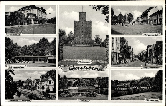 Ak Gevelsberg wijk Ennepe Ruhr, gedenkteken, Nirgenaplatz, buitenzwembad, boswachtershuis