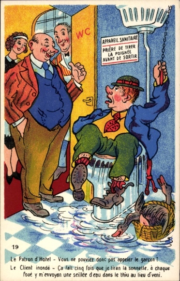 Ak Mann in der Toilette steckengeblieben, Überschwemmung, Ente, Zimmermädchen
