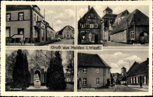 Ak Heiden in Westfalen, restaurant H. Ebbing, kerk, gedenkteken, dorpsstraat
