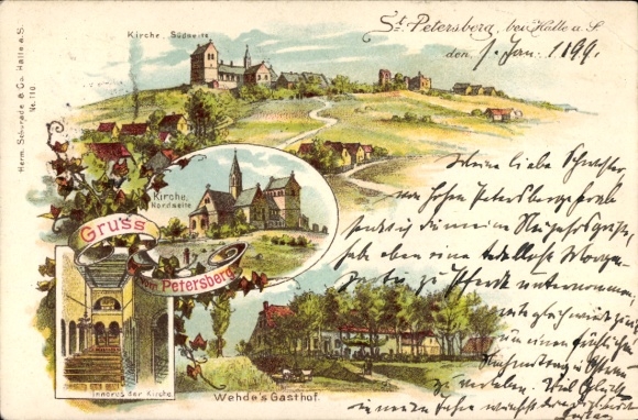 Litho Petersberg Saalekreis, Kirche, Innenansicht, Wehdes Gasthof