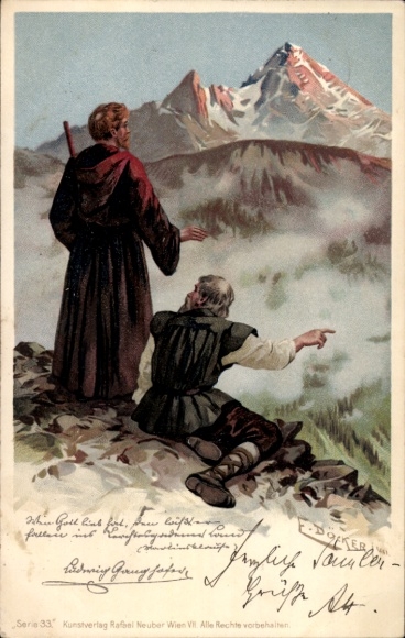 Kunstenaar litho Döcker, E., geestelijken, wandelaars, bergtoppen