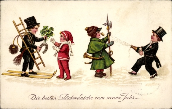 Postcard Happy New Year, chimney sweep, horseshoe, champagne bottle