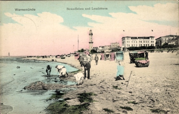 Postcard Ostseebad Warnemünde Rostock, beach life, lighthouse, people on the beach, coastal landscape
