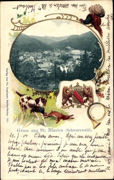 Embossed coat of arms Passepartout PC St. Blasien in the southern Black Forest, hunting dog with prey, panorama