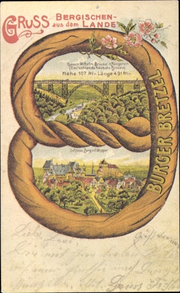 Brezel Chromo-Litho Burg an der Wupper Solingen, Burg Castle, Kaiser Wilhelm Bridge, Burger Bretzel