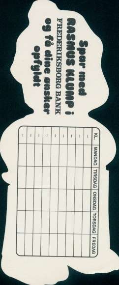 Timetable Frederiksborg Bank, Denmark, Petzi figure for the money box around 1980