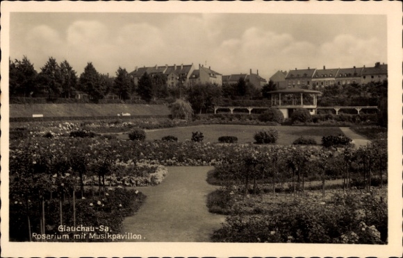Postcard Glauchau in Saxony, Rosarium with music pavilion