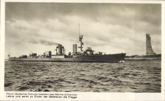 Postcard Naval Memorial Laboe, German warship, Karlsruhe, cruiser, lowered flag