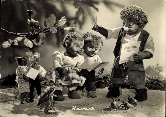 Ak Mecki der Igel, Hausmusik, Igelkinder, Frosch, Mäuse