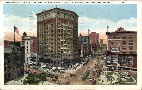 Ak Detroit Michigan USA, uitzicht op Woodward Avenue, Michigan Avenue, historische gebouwen, ...