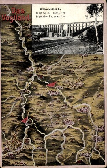 Landkarten Ak Plauen im Vogtland, Göltzschtalbrücke, Elsterberg, Reichenbach