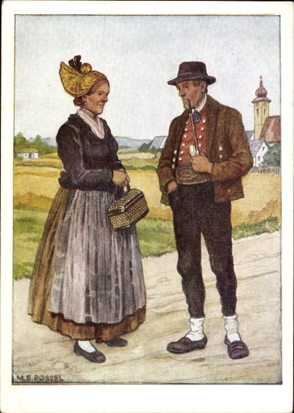 Artist Postcard Fossel, East Mark folk costumes, Upper Danube, Innviertel